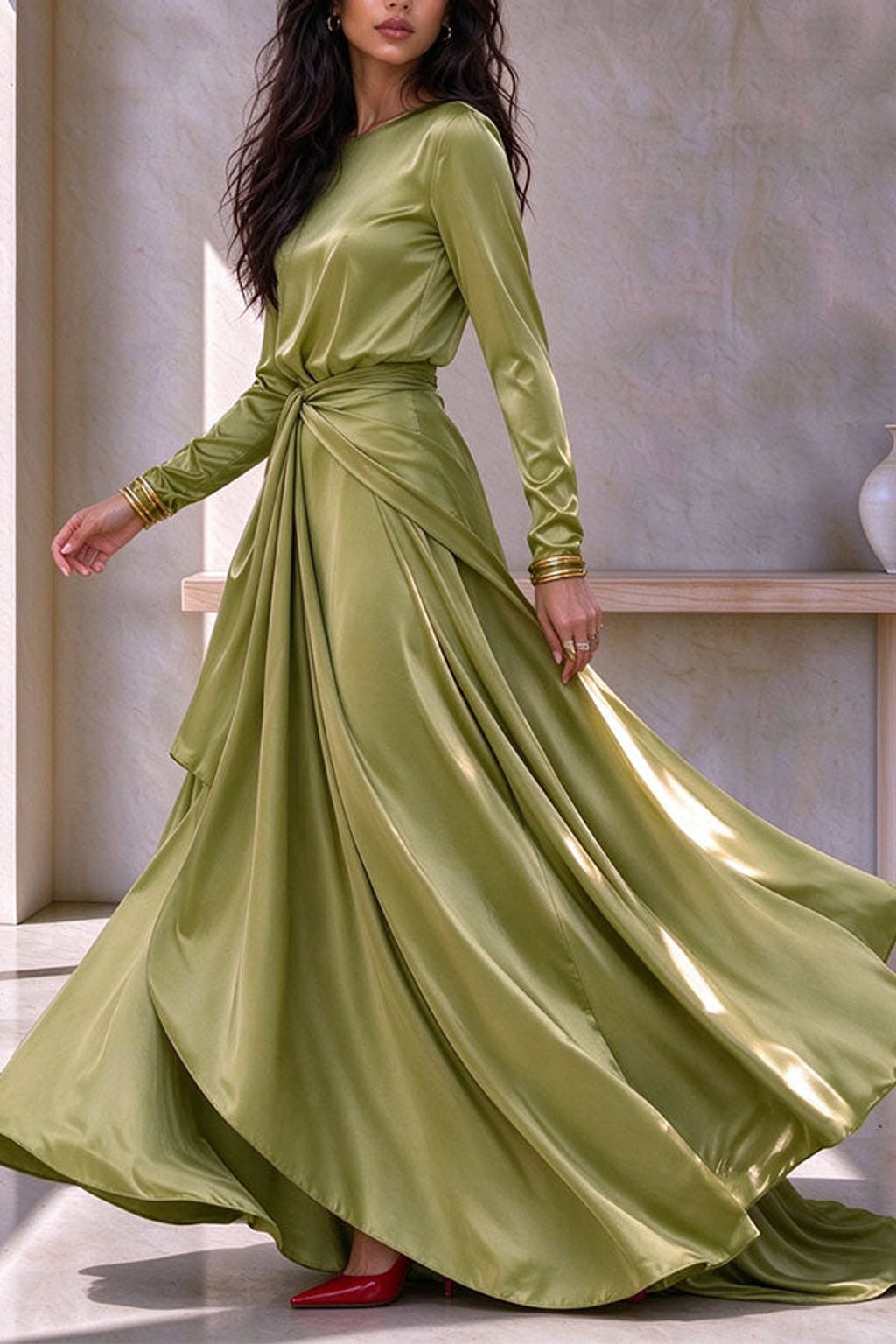 Satin Outfit Set Long Sleeve Top Maxi Skirt Party Wear - 3