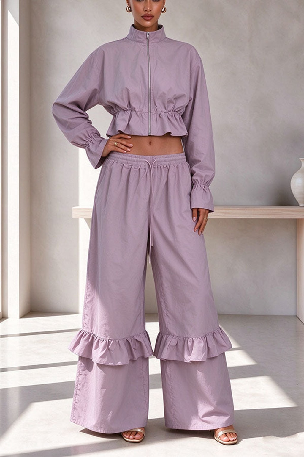 Polyester Pants Set Zipper Flare Hem Casual - 2