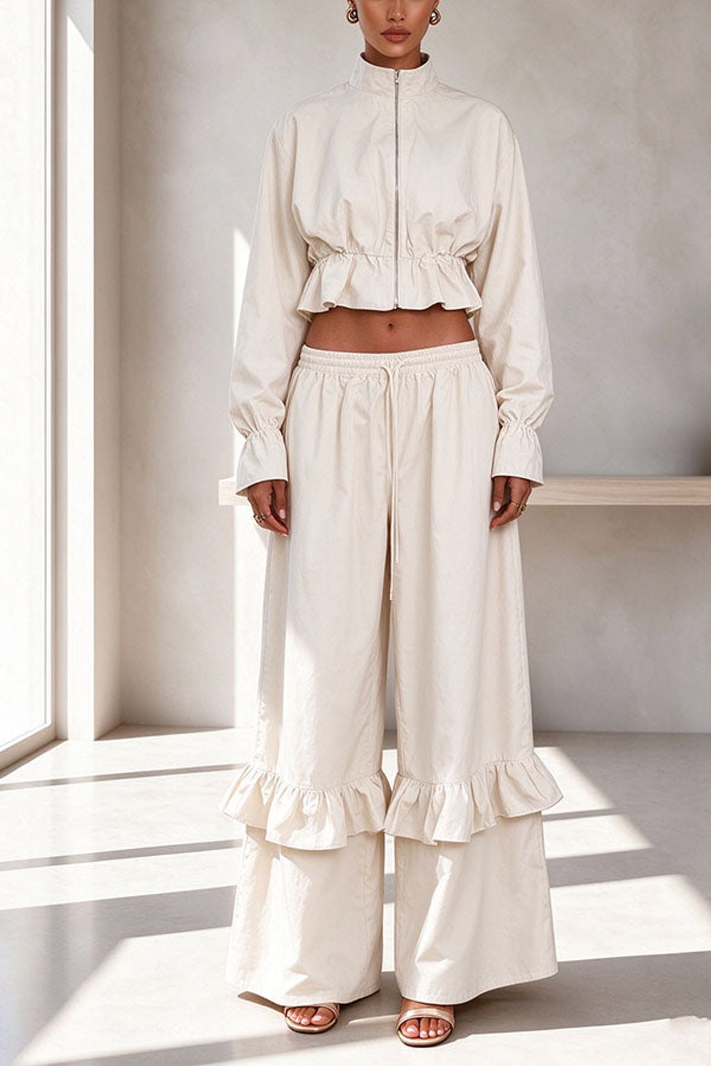 Polyester Pants Set Zipper Flare Hem Casual - 4