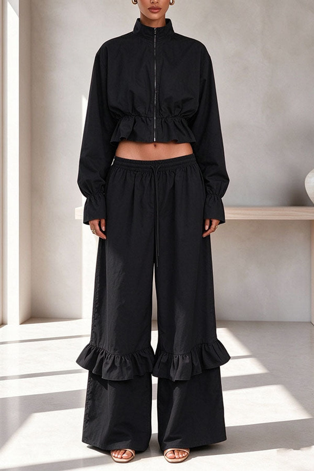 Polyester Pants Set Zipper Flare Hem Casual - 8