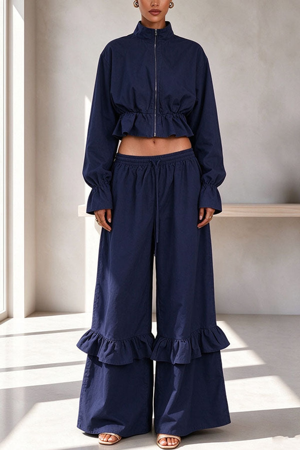 Polyester Pants Set Zipper Flare Hem Casual - 6