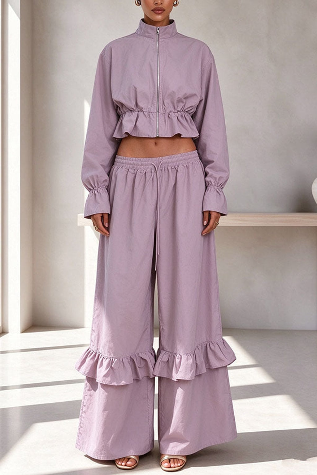 Polyester Pants Set Zipper Flare Hem Casual - 3