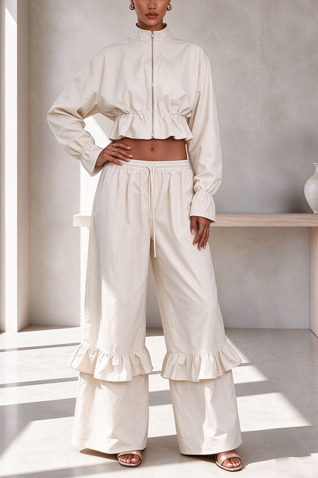 Polyester Pants Set Zipper Flare Hem Casual - 5