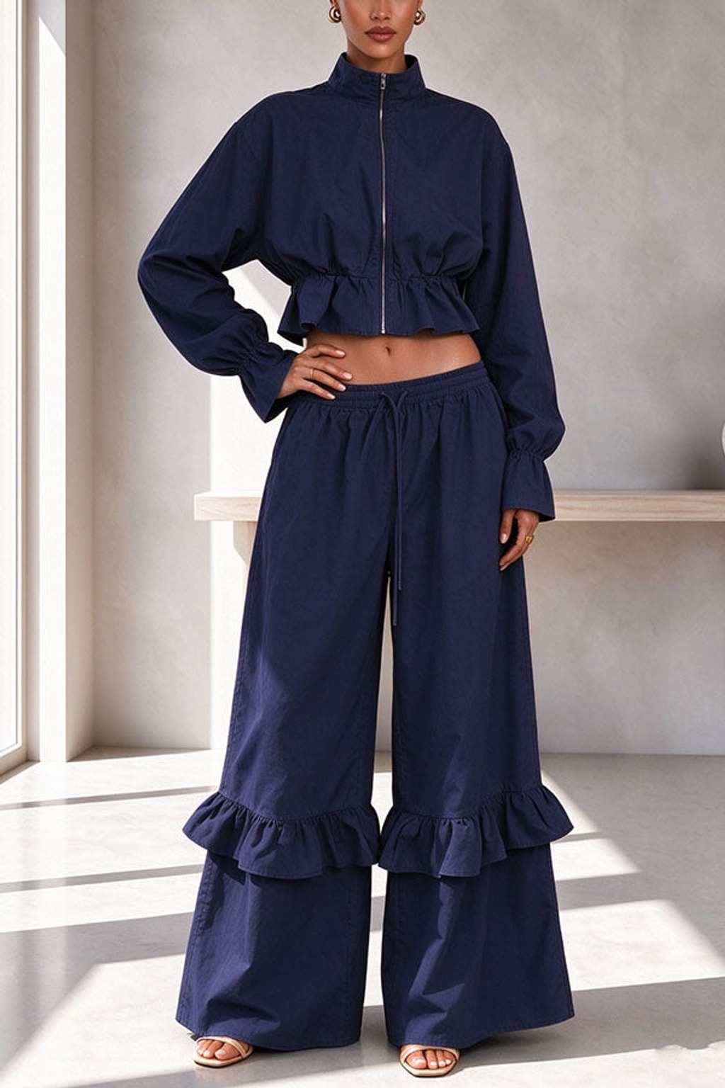 Polyester Pants Set Zipper Flare Hem Casual - 7