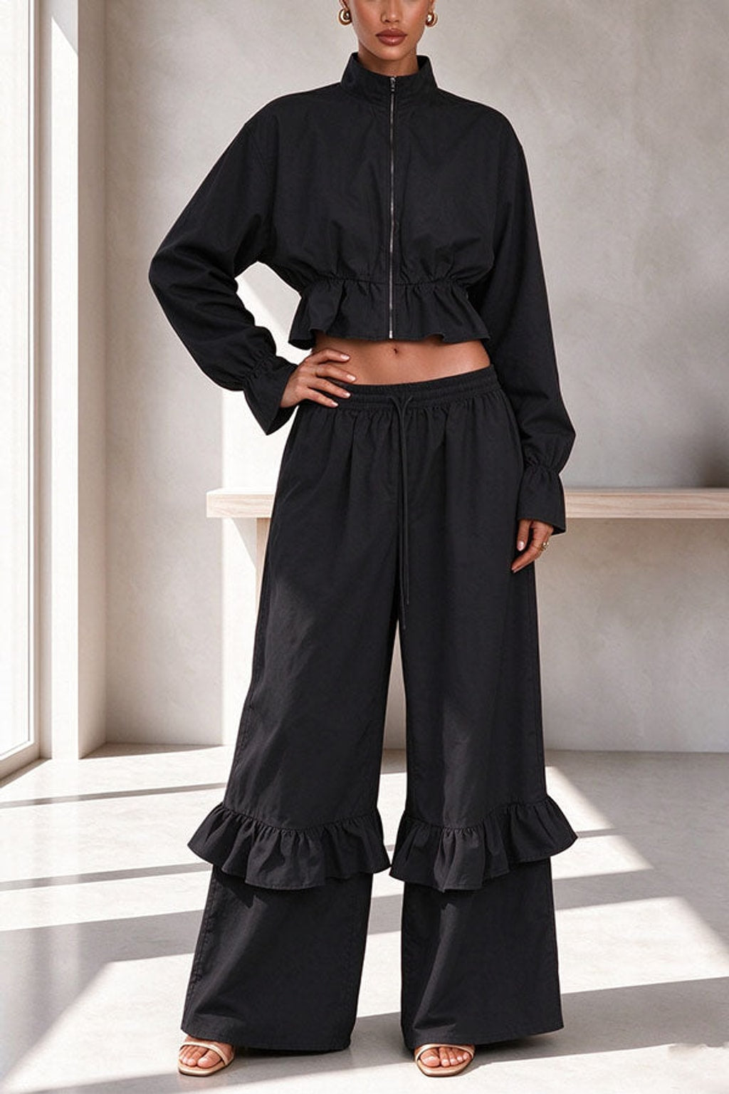 Polyester Pants Set Zipper Flare Hem Casual - 9
