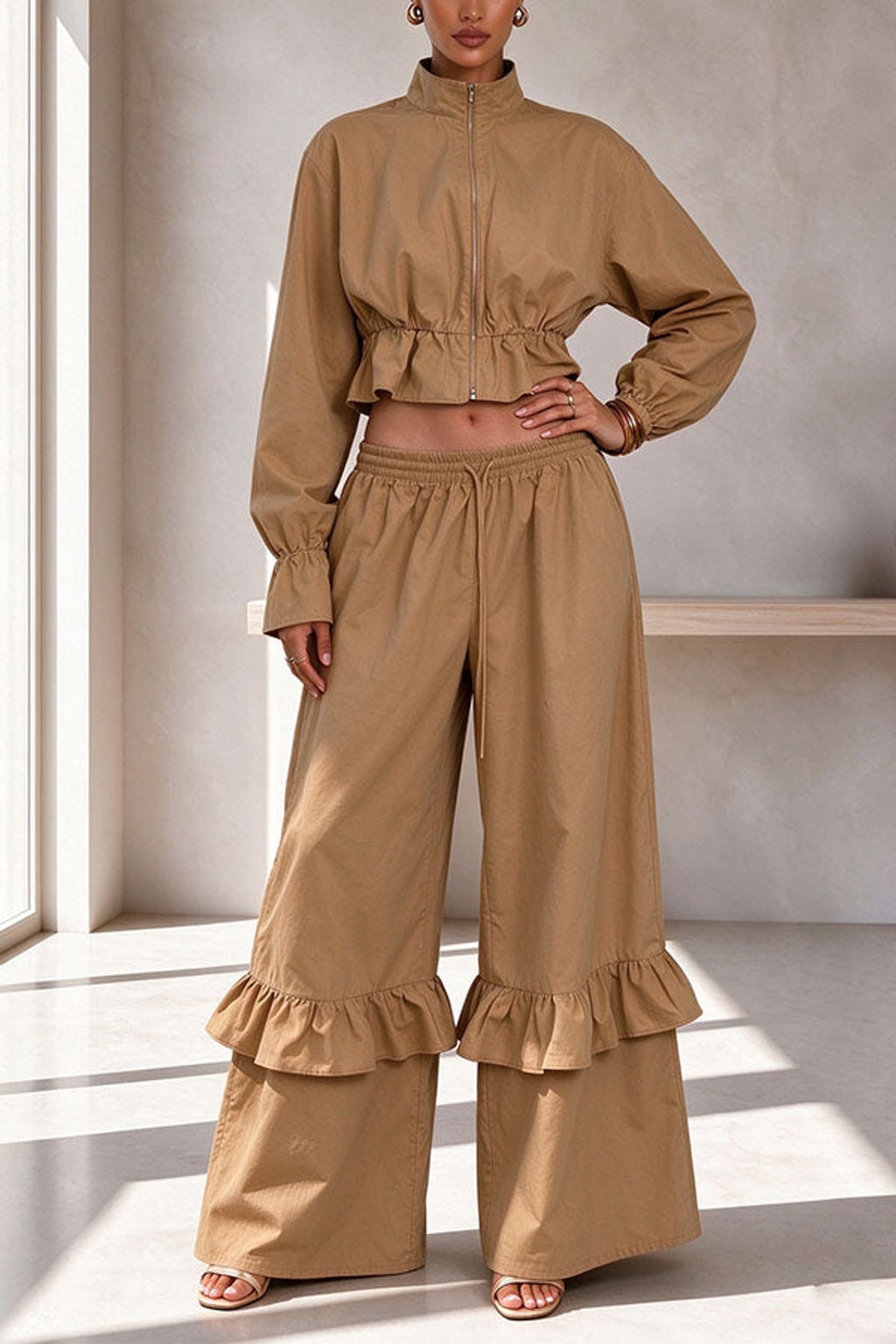 Polyester Pants Set Zipper Flare Hem Casual - 11