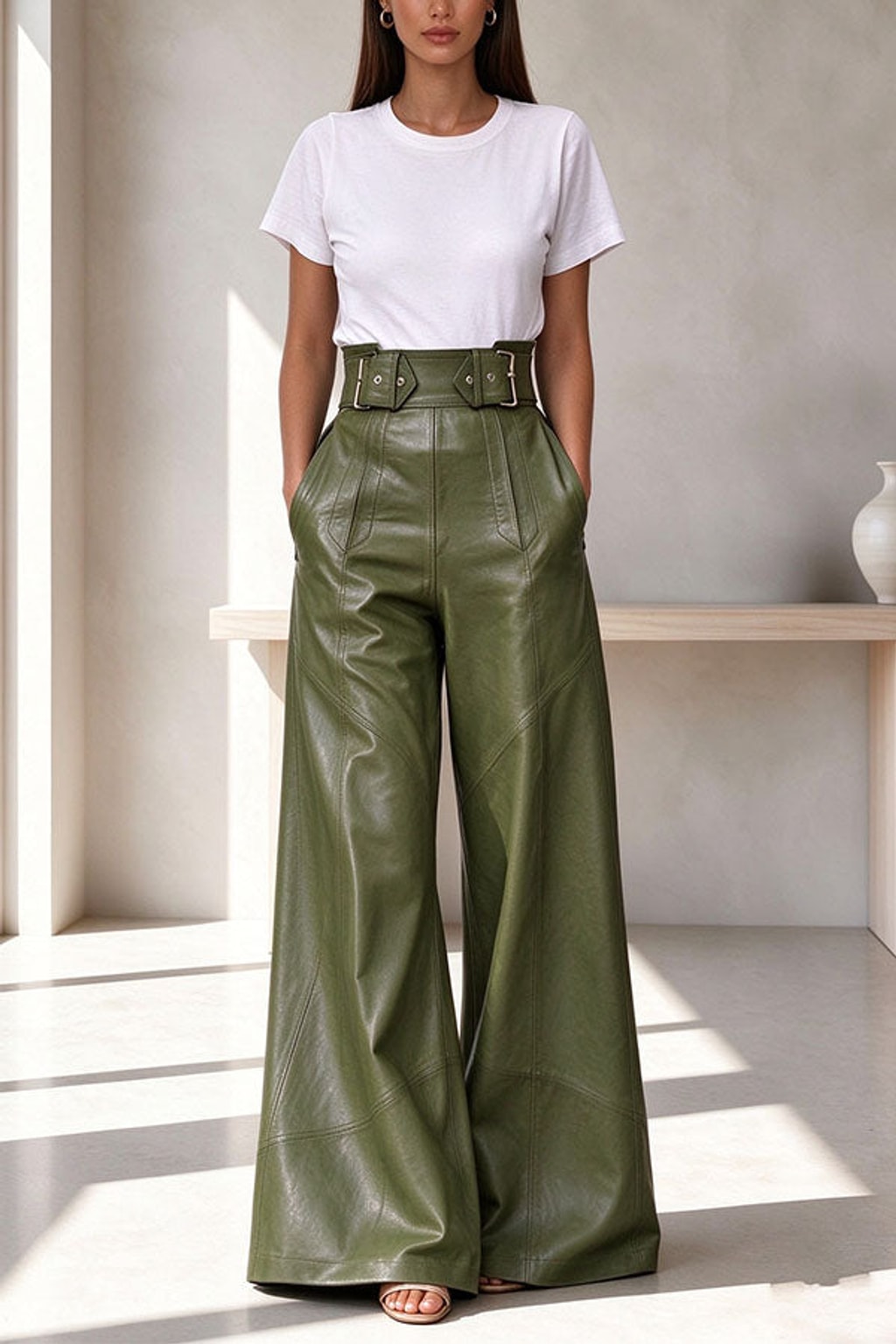 PU Leather Pants Wide Leg Pleated Casual Style - 2