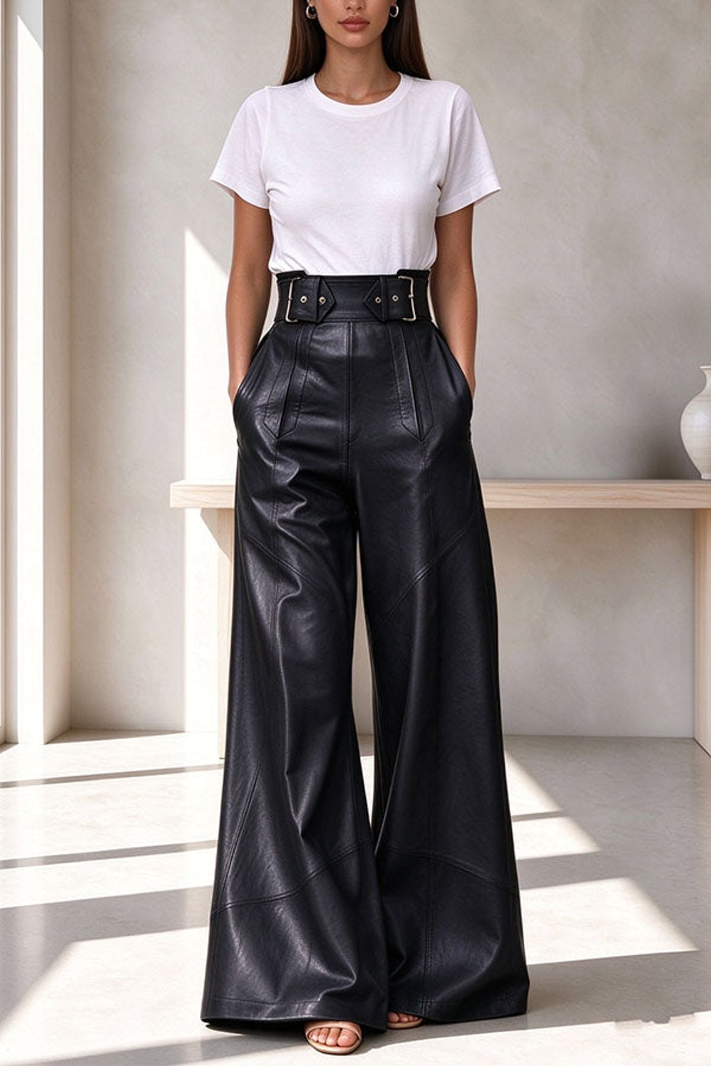 PU Leather Pants Wide Leg Pleated Casual Style - 4