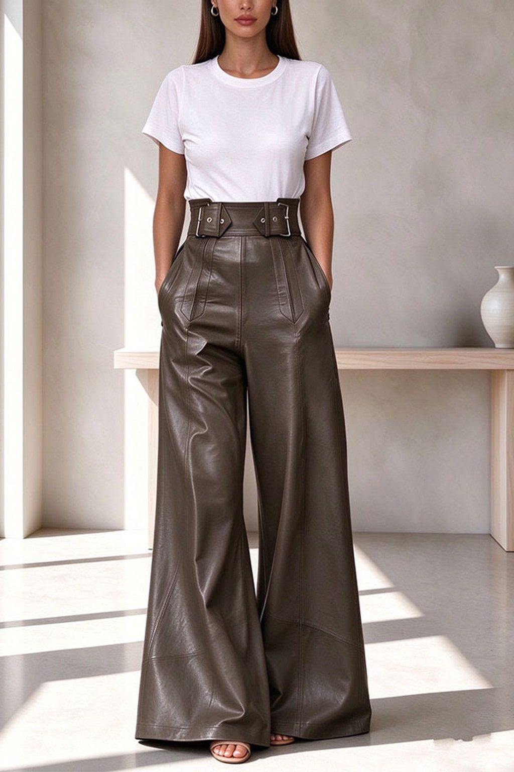 PU Leather Pants Wide Leg Pleated Casual Style - 5