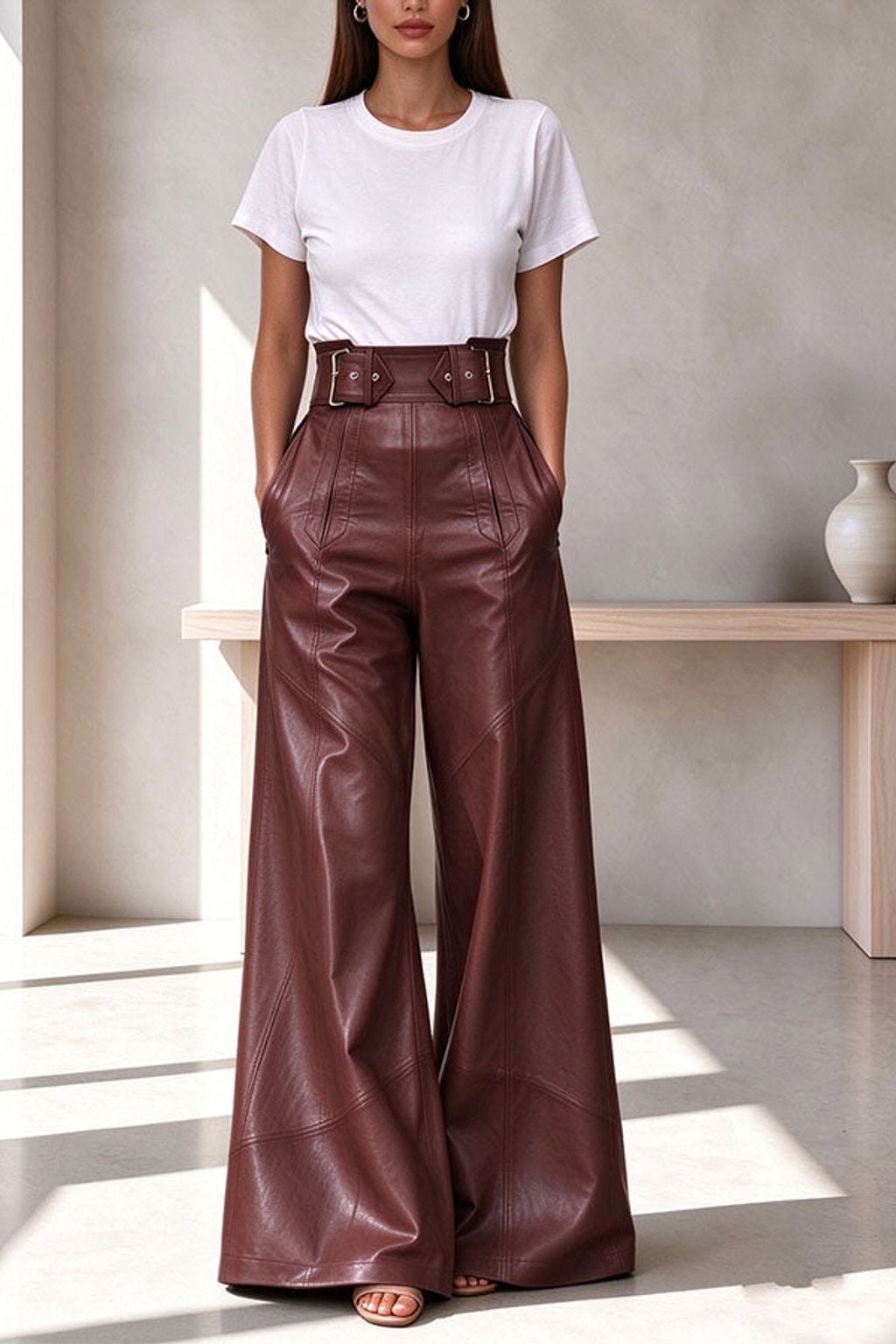 PU Leather Pants Wide Leg Pleated Casual Style - 6
