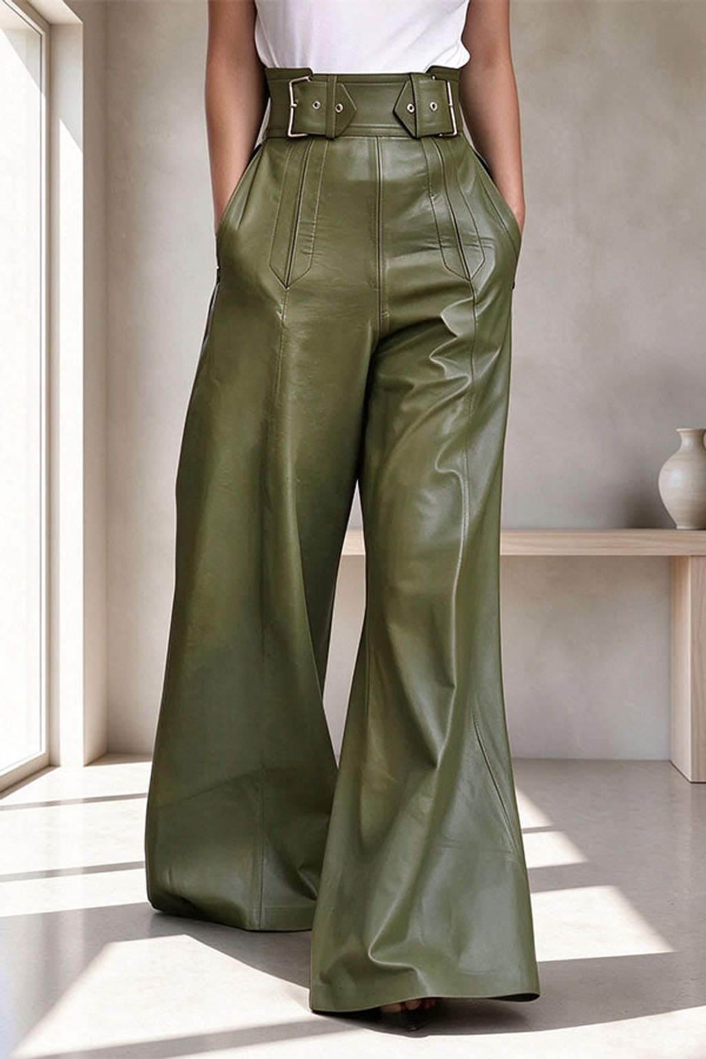 PU Leather Pants Wide Leg Pleated Casual Style - 3