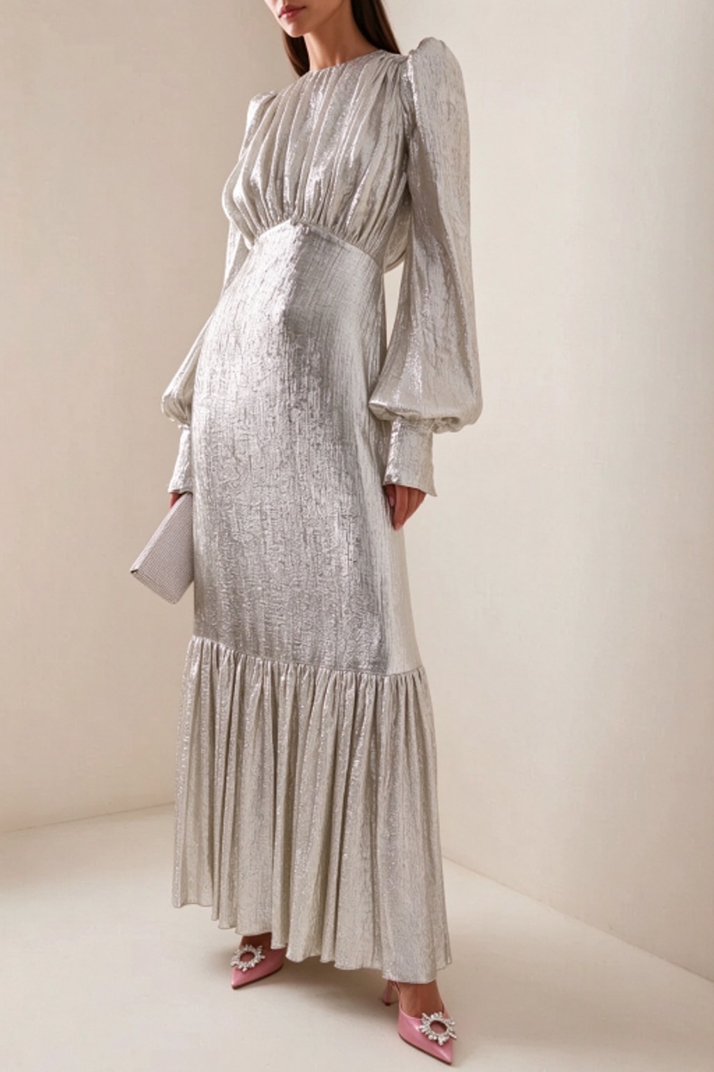 Silver Maxi Dress Puff Sleeve - 2