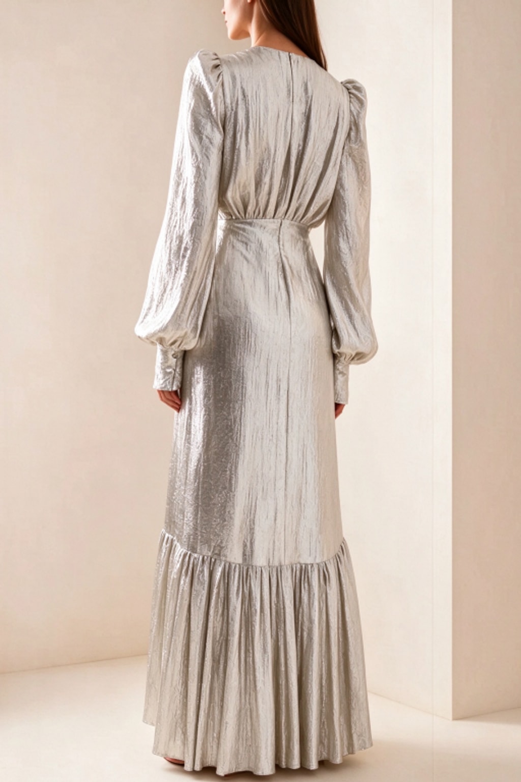 Silver Maxi Dress Puff Sleeve - 3