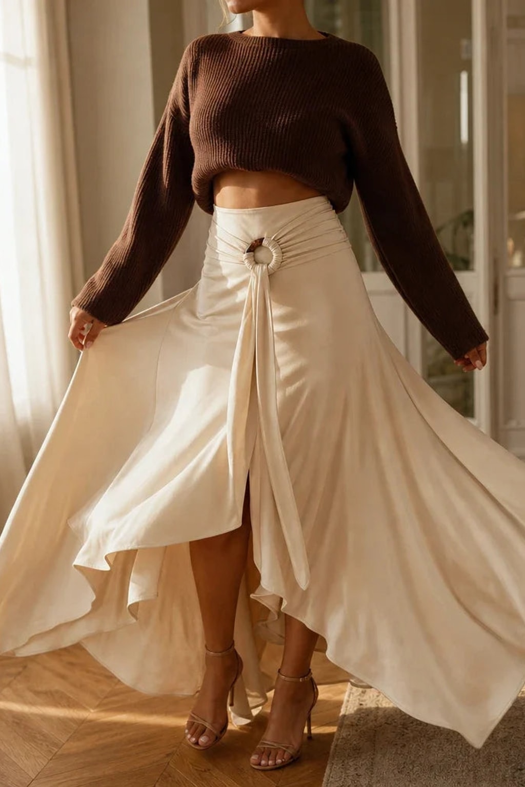 Polyester Asymmetric Midi Skirt With O-Ring Tie - 3