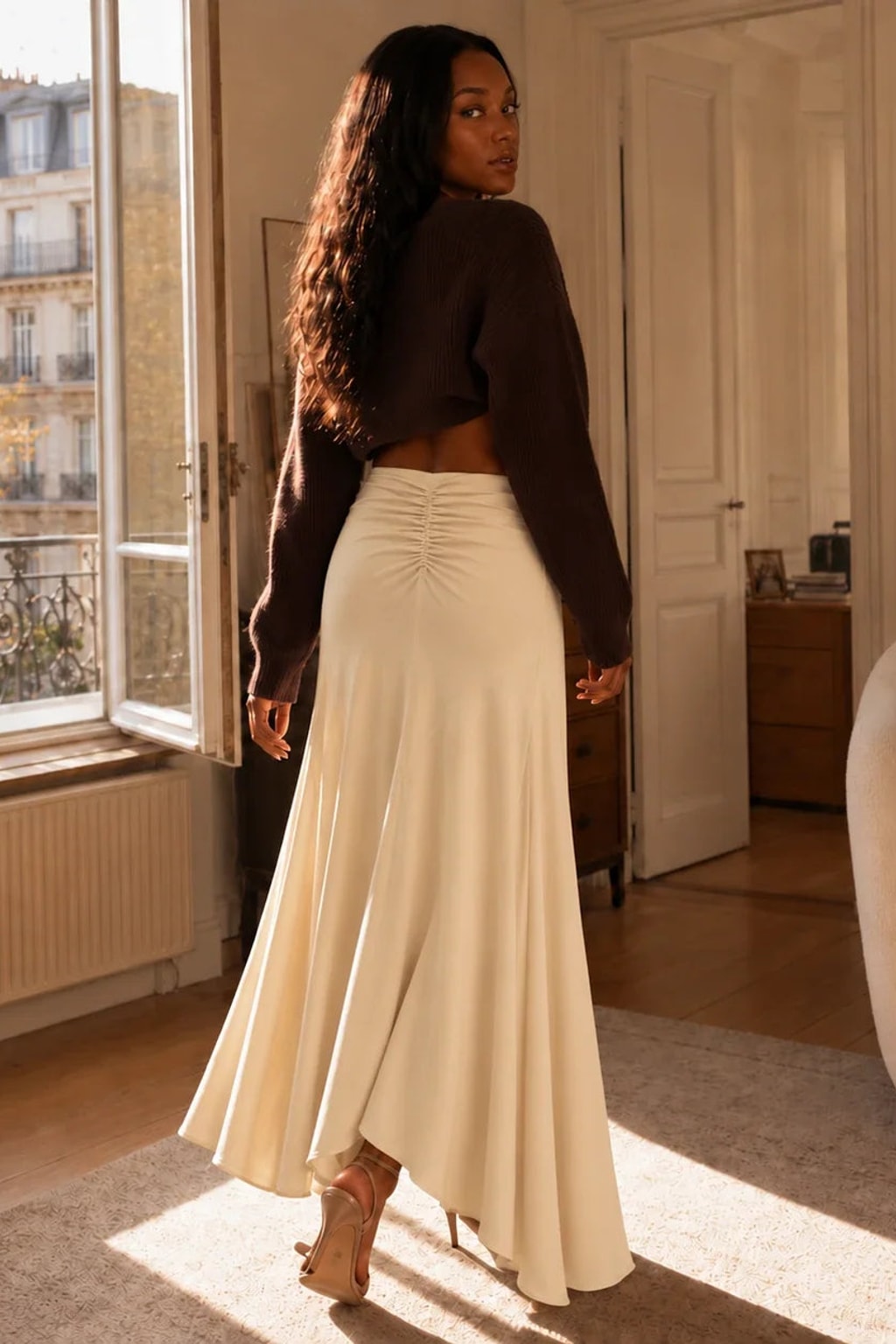 Polyester Asymmetric Midi Skirt With O-Ring Tie - 4