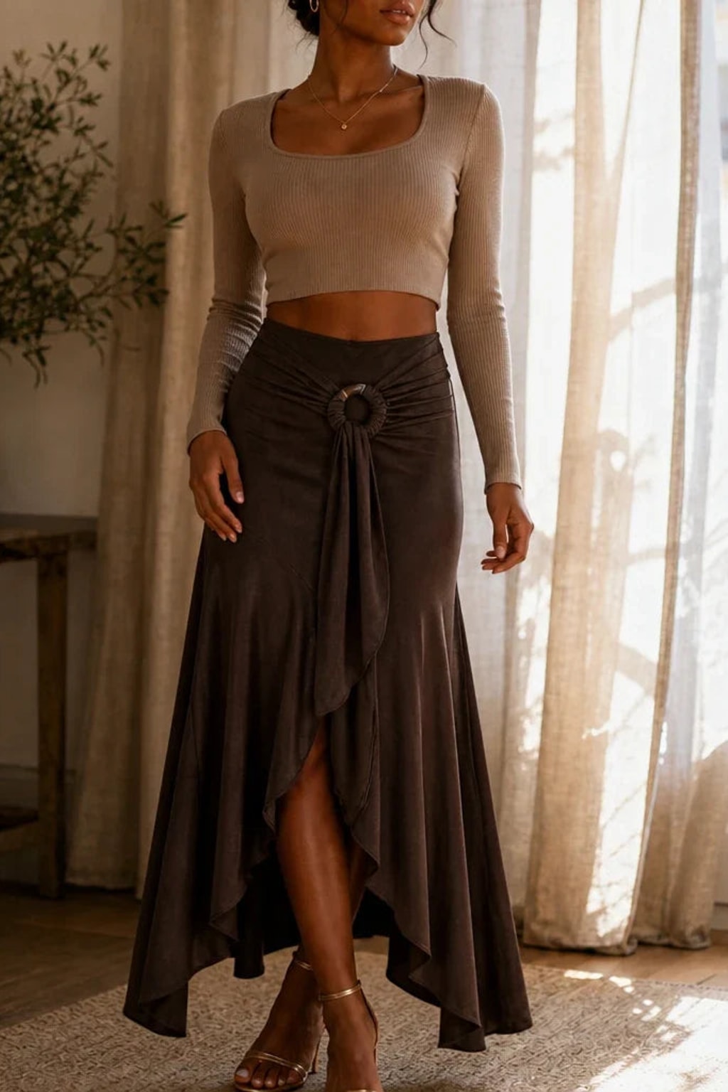 Polyester Asymmetric Midi Skirt With O-Ring Tie - 5