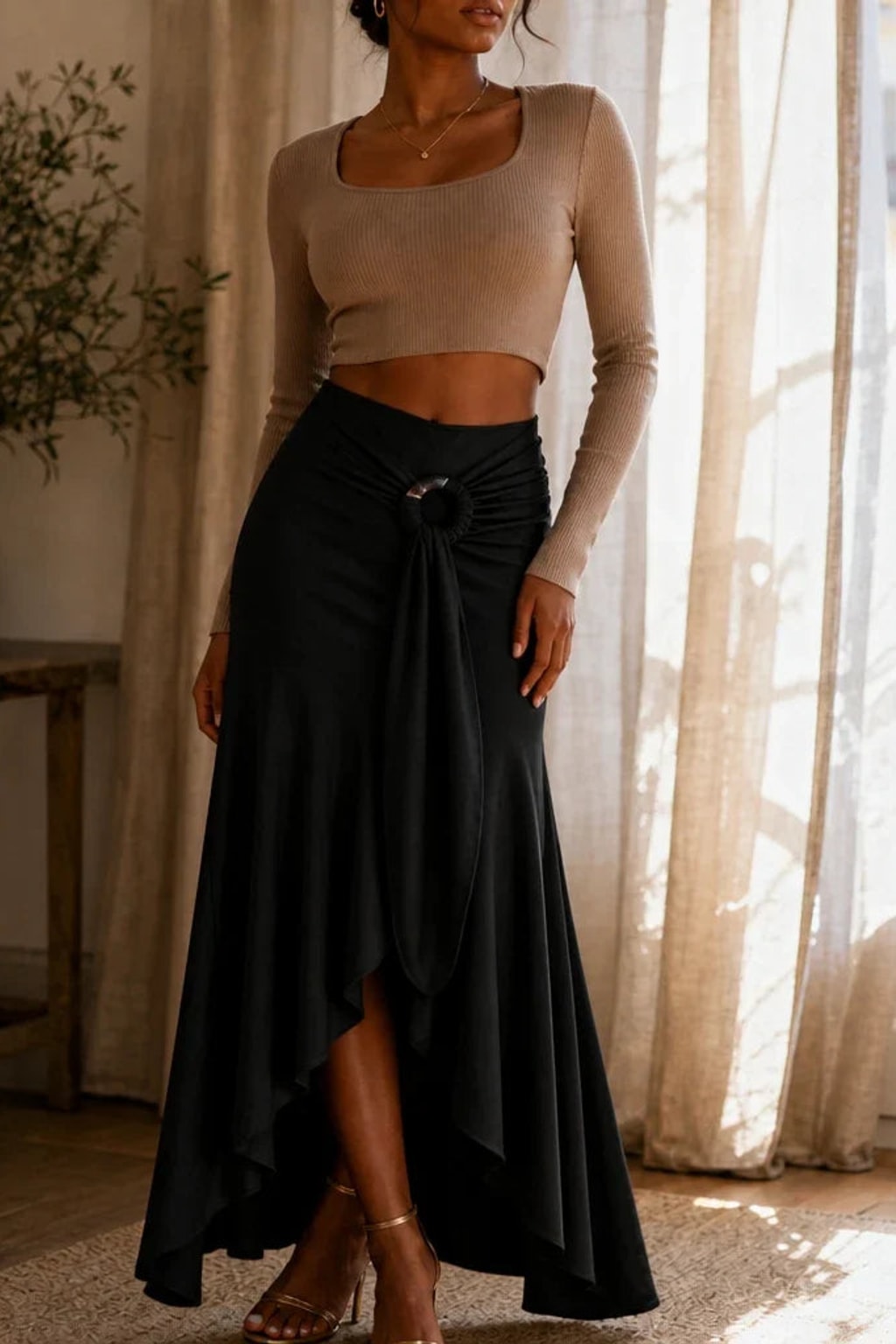 Polyester Asymmetric Midi Skirt With O-Ring Tie - 6