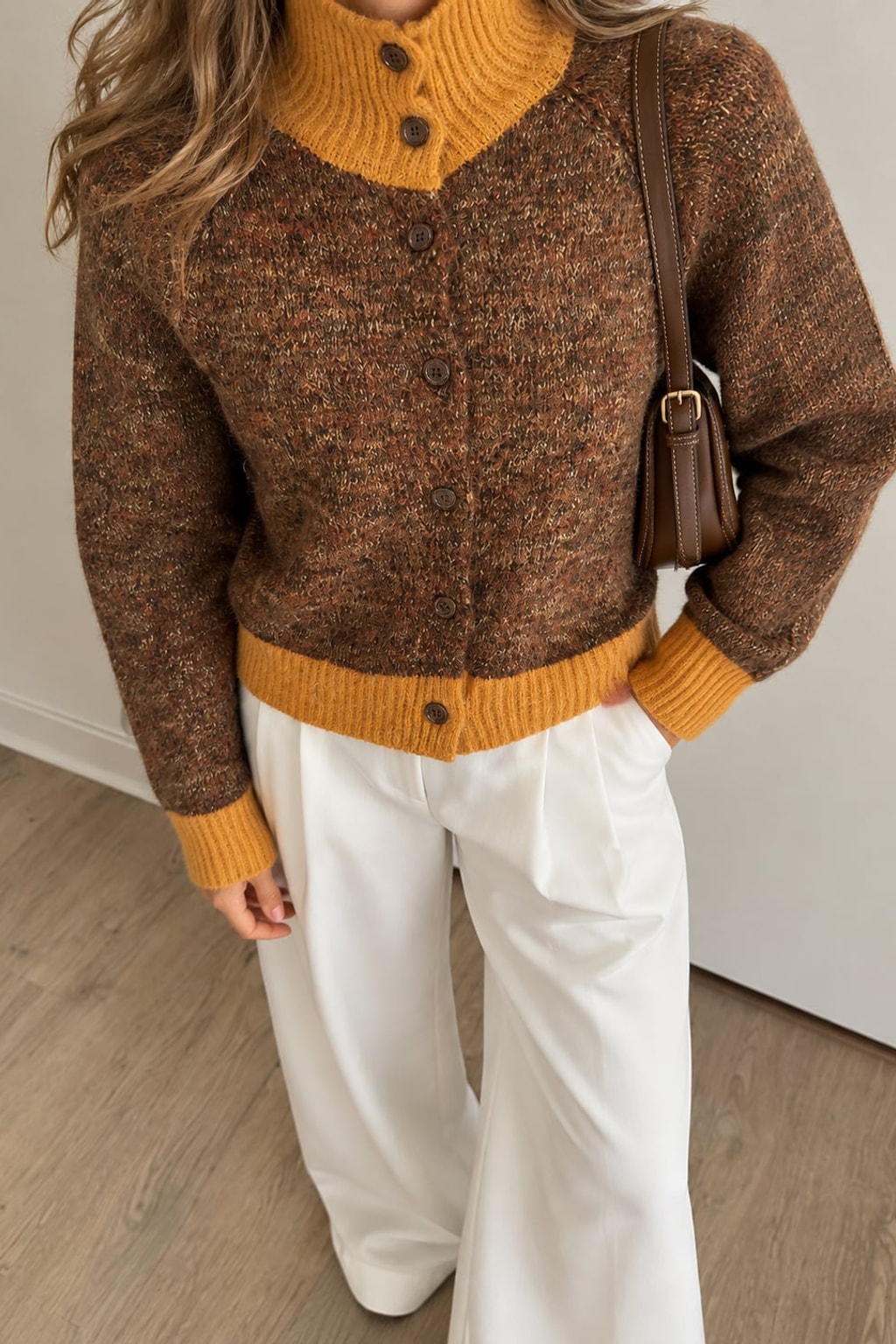 Knit Cardigan Turtleneck Color Block Style - 2