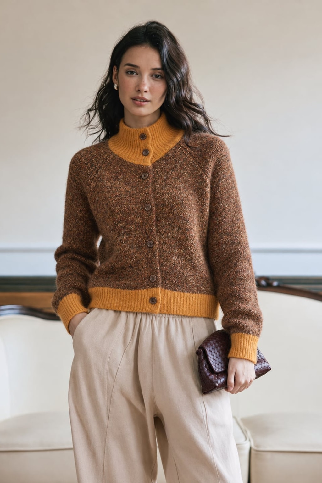 Knit Cardigan Turtleneck Color Block Style - 3