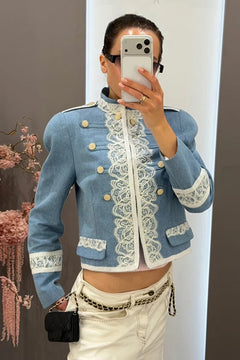 Polyester Cropped Jacket Stand Collar Lace Trim - 2