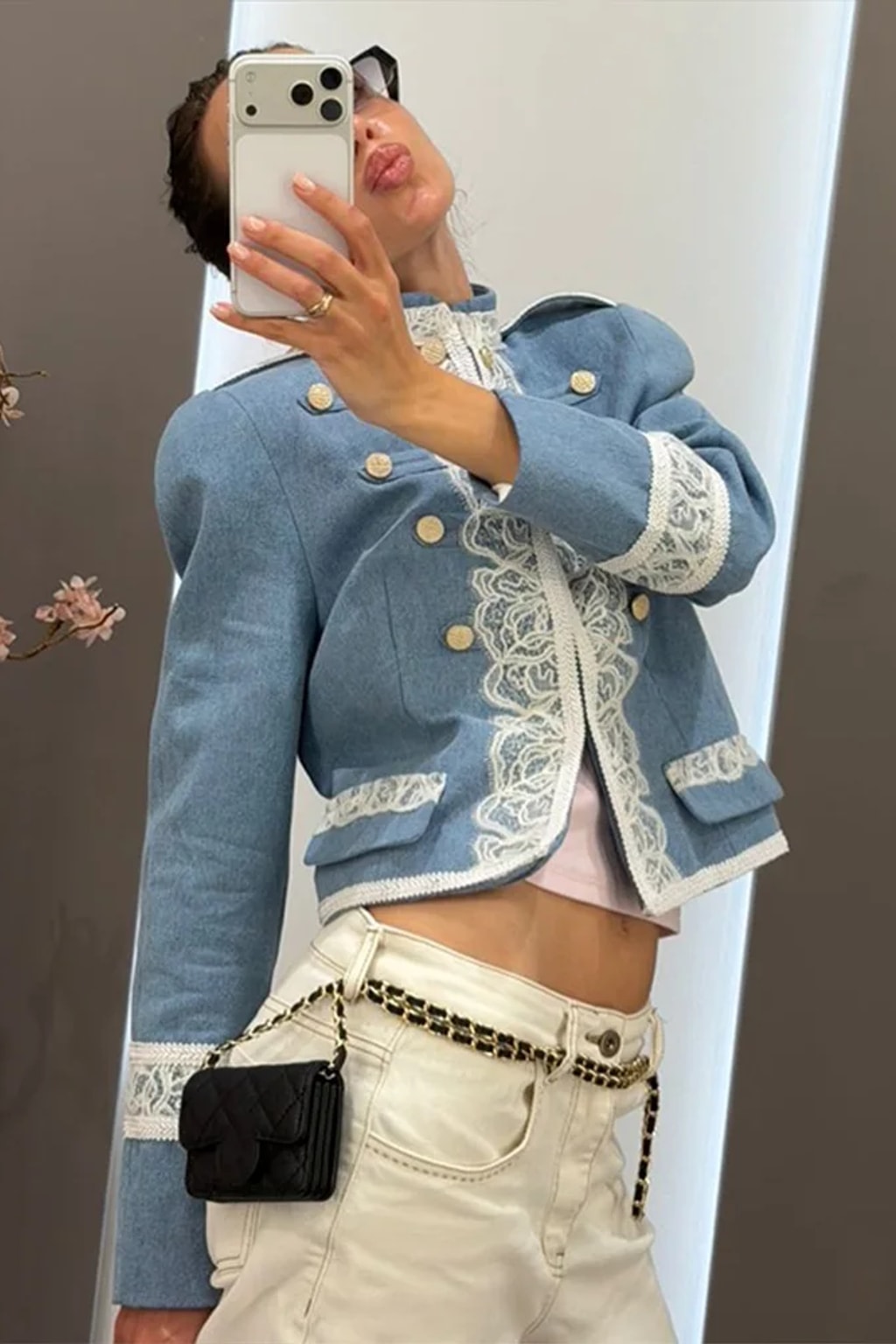 Polyester Cropped Jacket Stand Collar Lace Trim - 3
