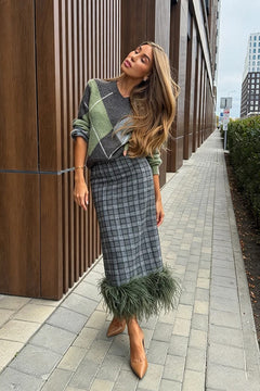 Midi Skirt Straight Plaid with Feather Trim - 5