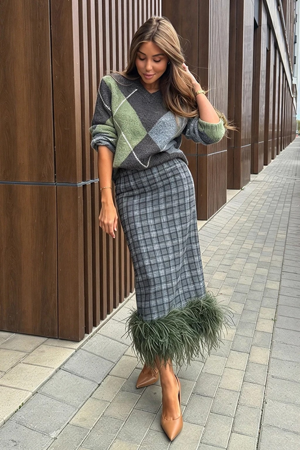 Midi Skirt Straight Plaid with Feather Trim - 2