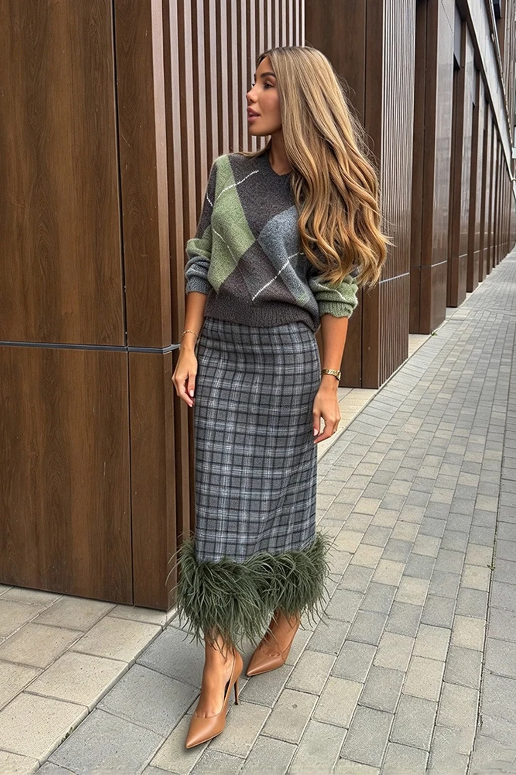 Midi Skirt Straight Plaid with Feather Trim - 3