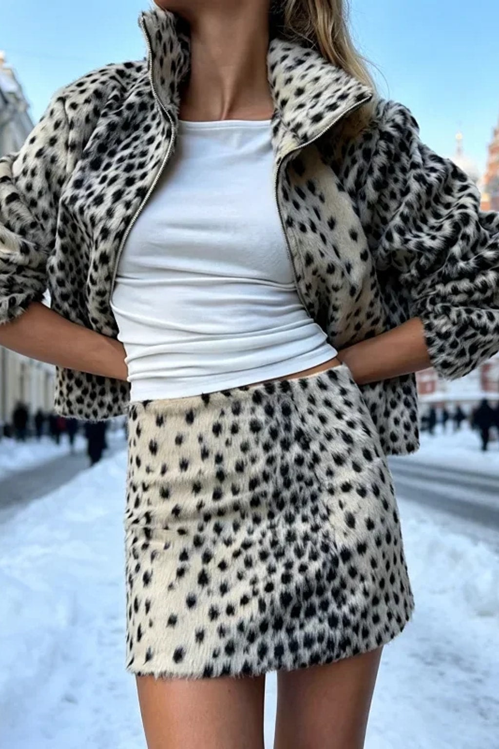 Faux Plush Coat Cropped Leopard Print Jacket Stand Collar - 3