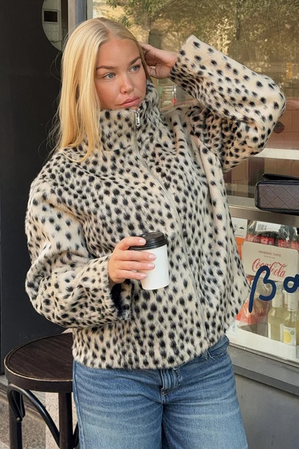 Faux Plush Coat Cropped Leopard Print Jacket Stand Collar - 11