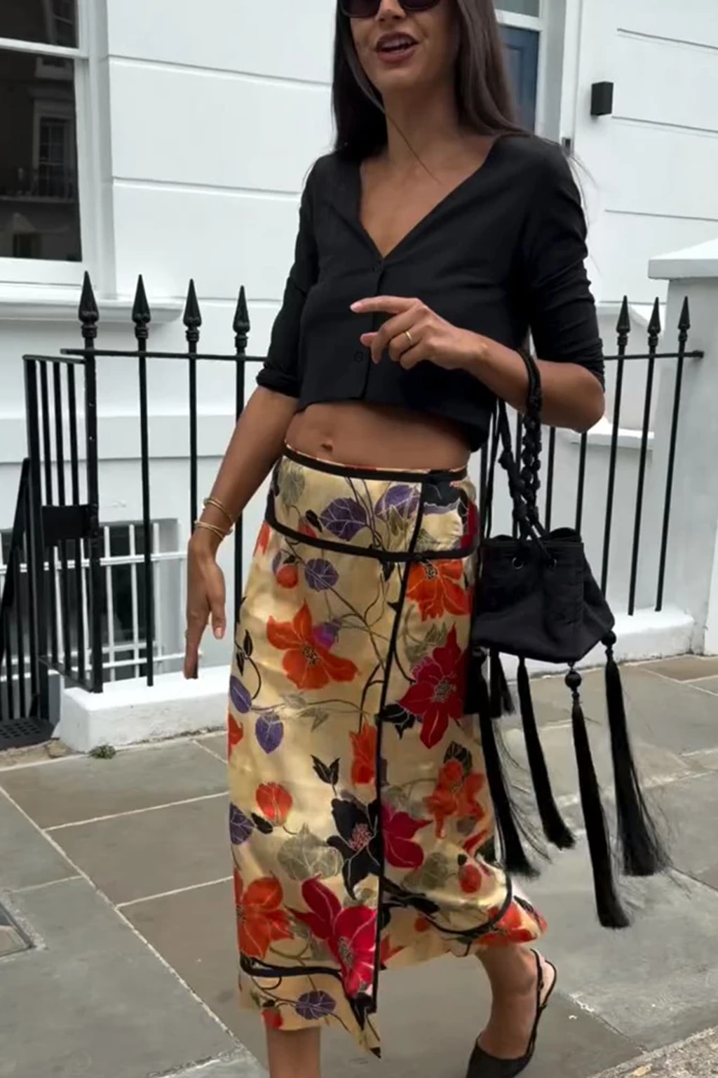 Midi Skirt Floral Print Tassel Hem - 9