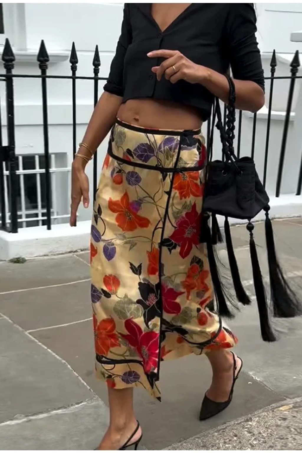 Midi Skirt Floral Print Tassel Hem - 11