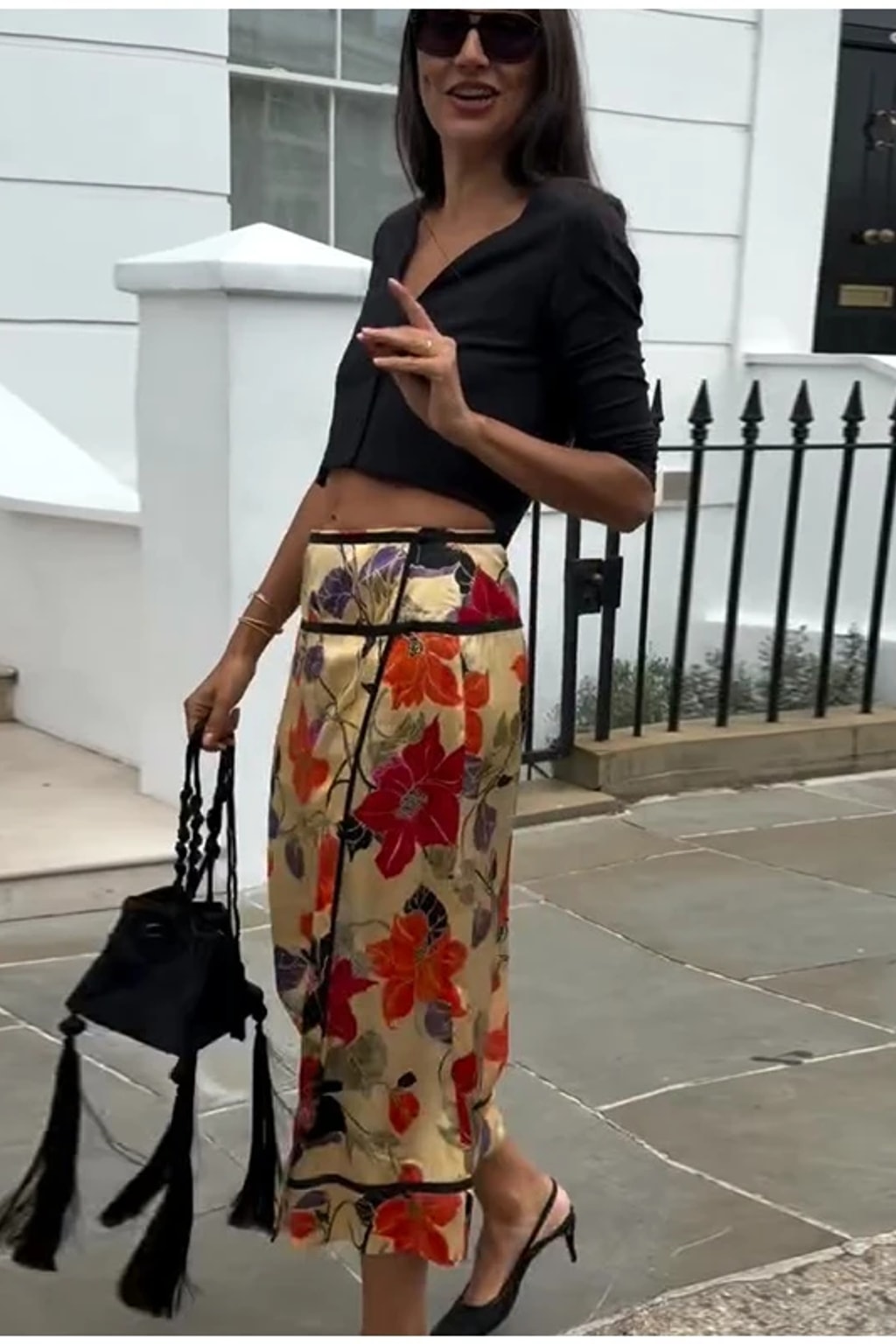 Midi Skirt Floral Print Tassel Hem - 10