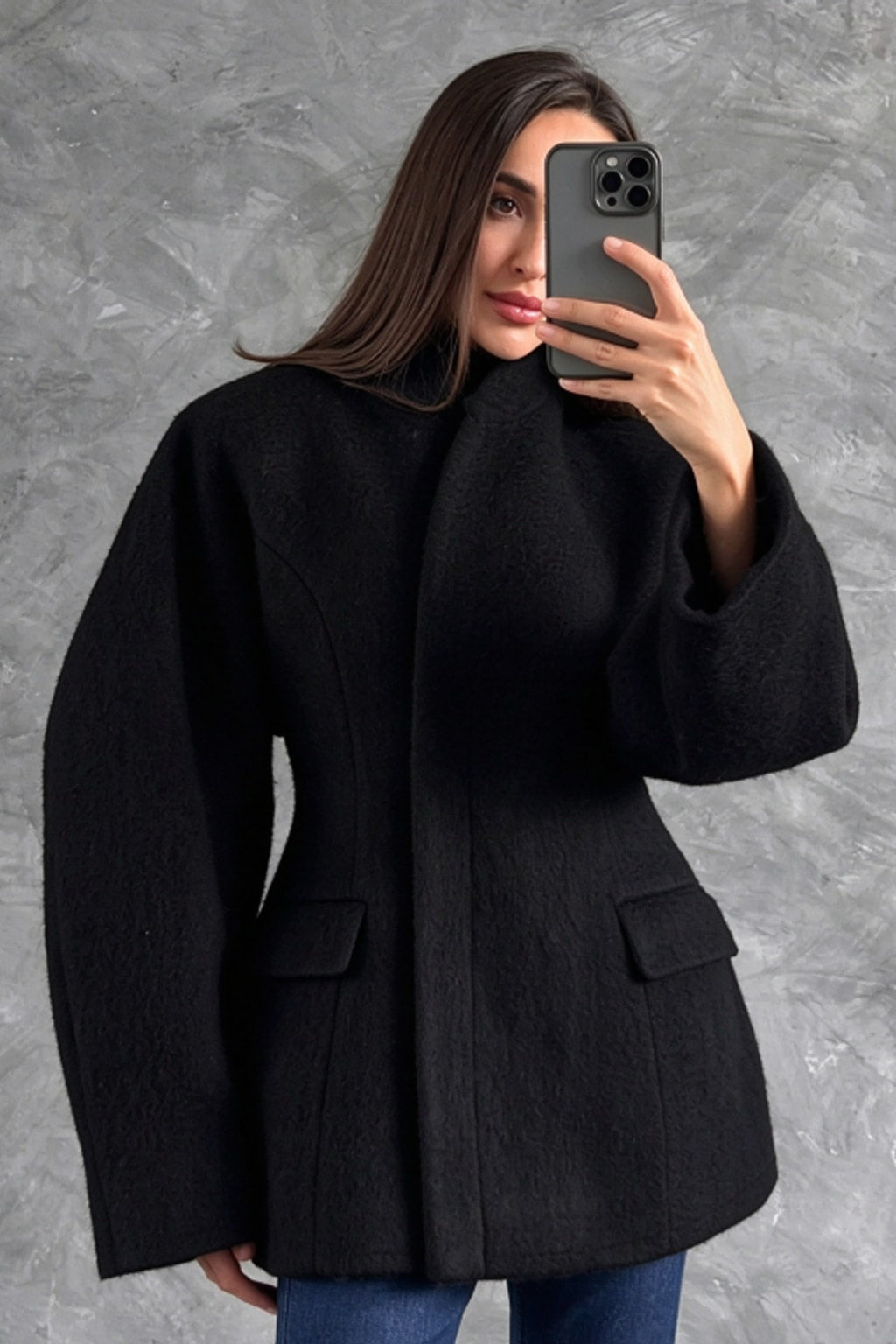 Polyester Jacket Stand-Collar Balloon Sleeve - 2
