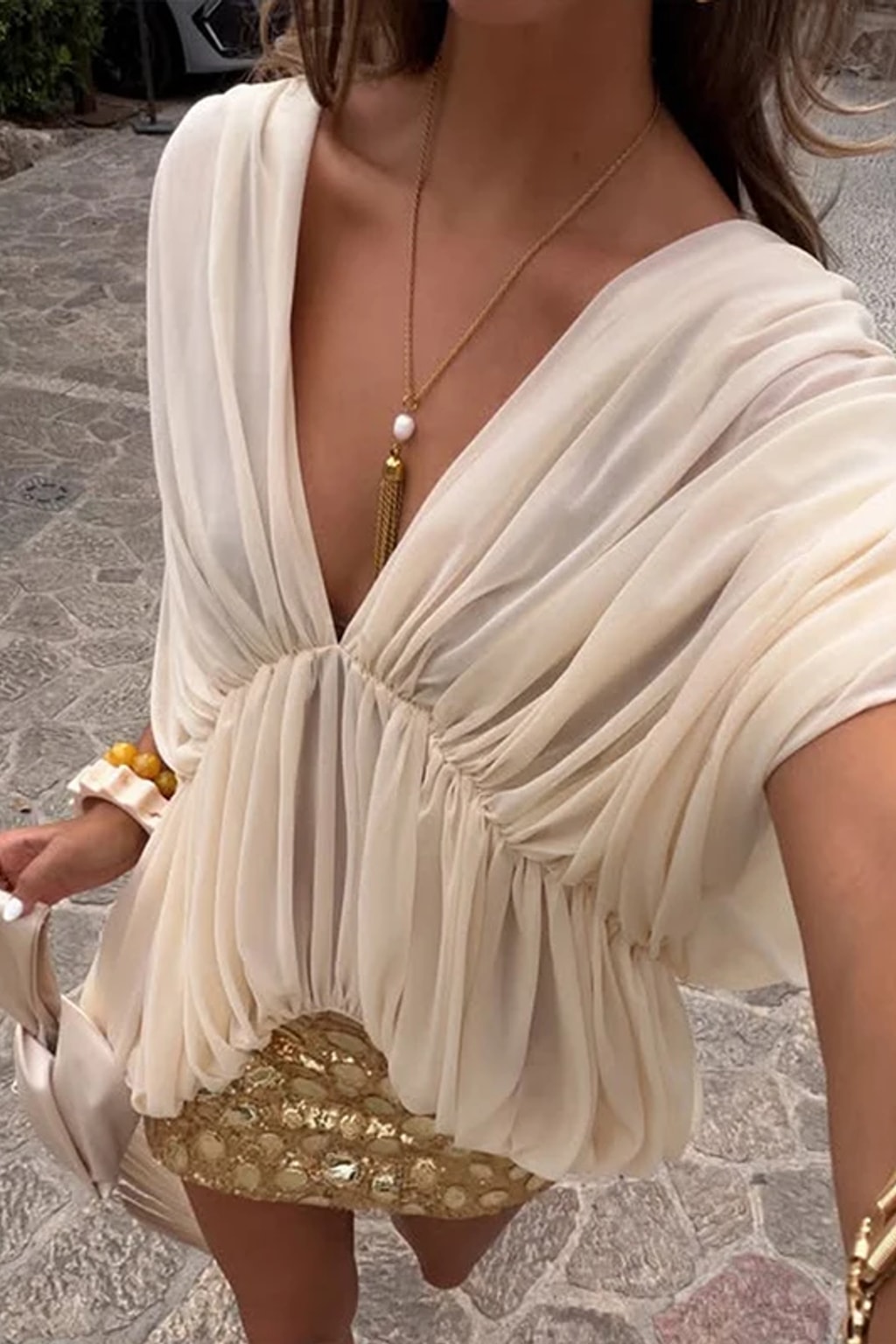 Chiffon Blouse Pleated V-Neck French Style - 4