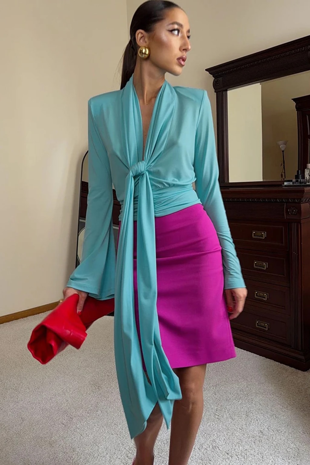 Polyester Blouse Satin Draped Top With Tie Knot - 3