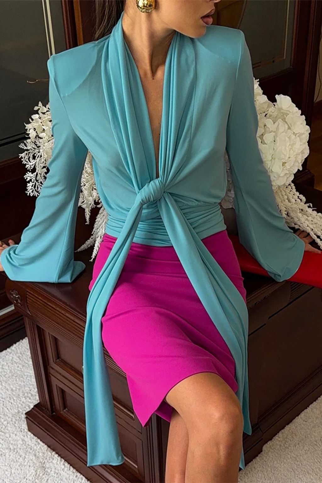 Polyester Blouse Satin Draped Top With Tie Knot - 2