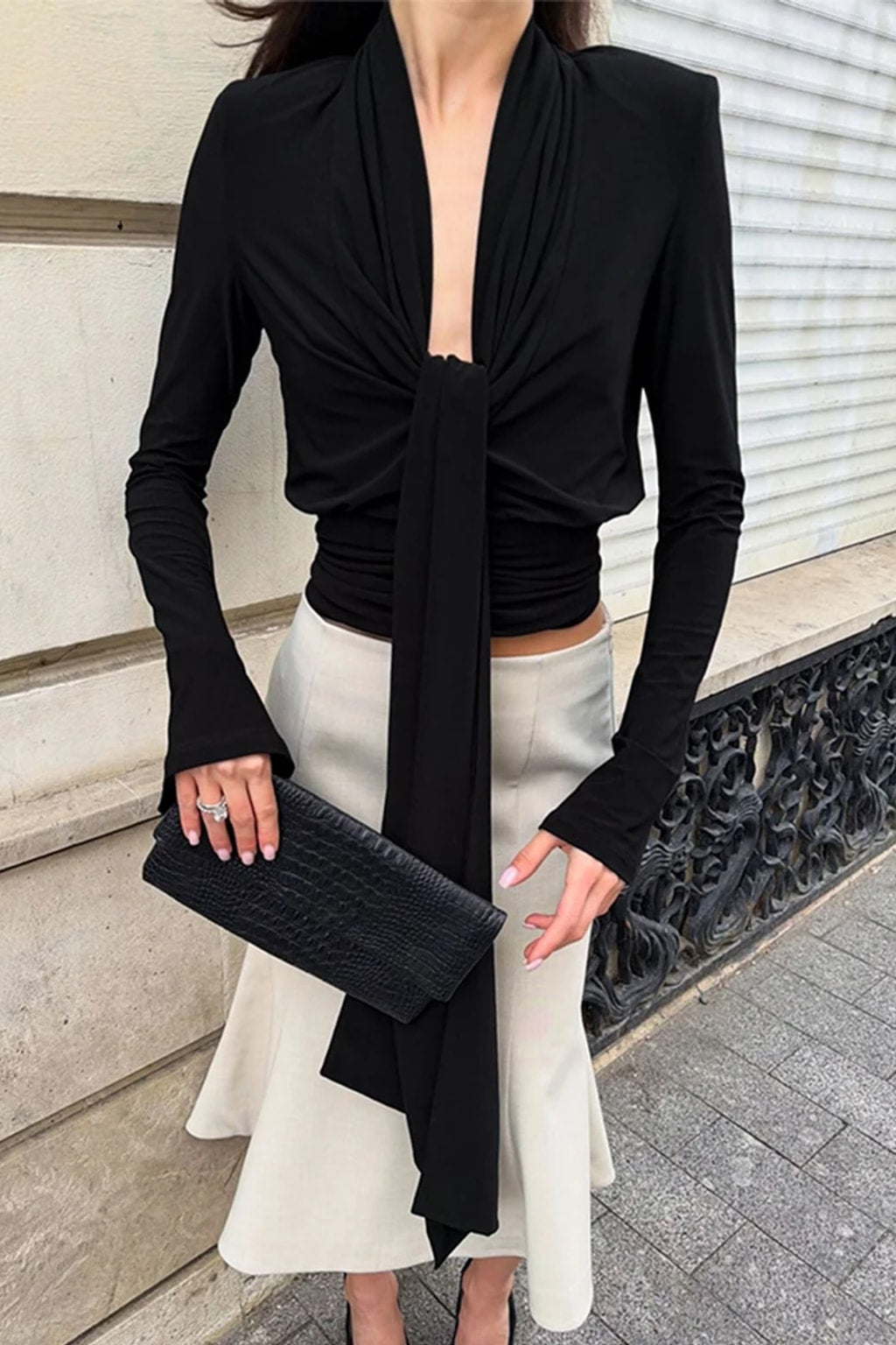 Polyester Blouse Satin Draped Top With Tie Knot - 5