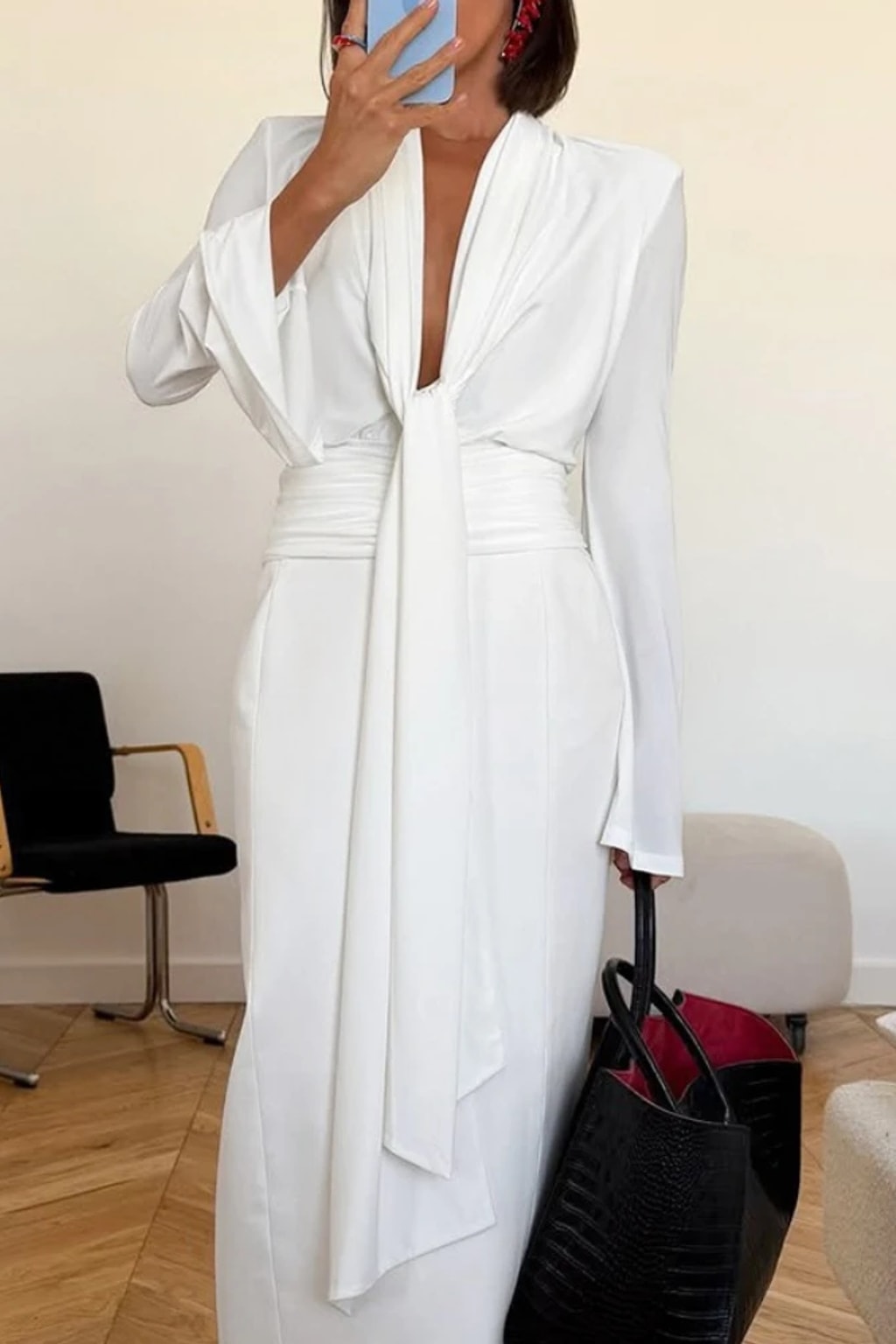 Polyester Blouse Satin Draped Top With Tie Knot - 8