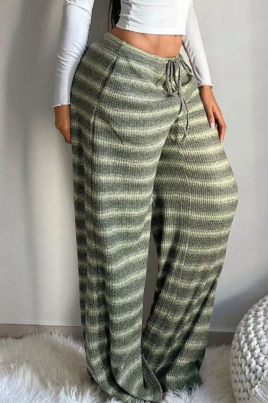 Striped Wide-Leg Pants With Drawstring Waist - 3