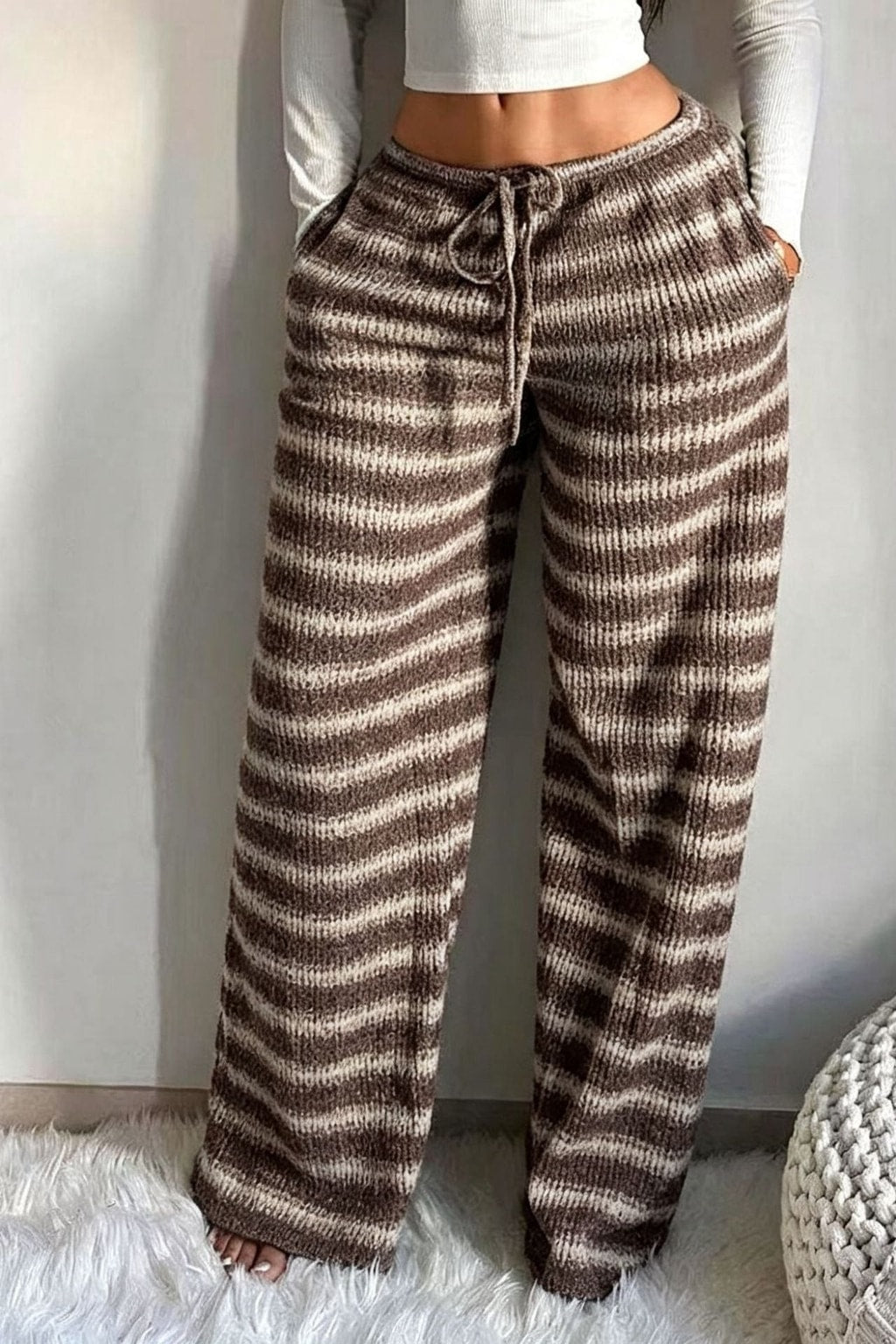 Striped Wide-Leg Pants With Drawstring Waist - 6