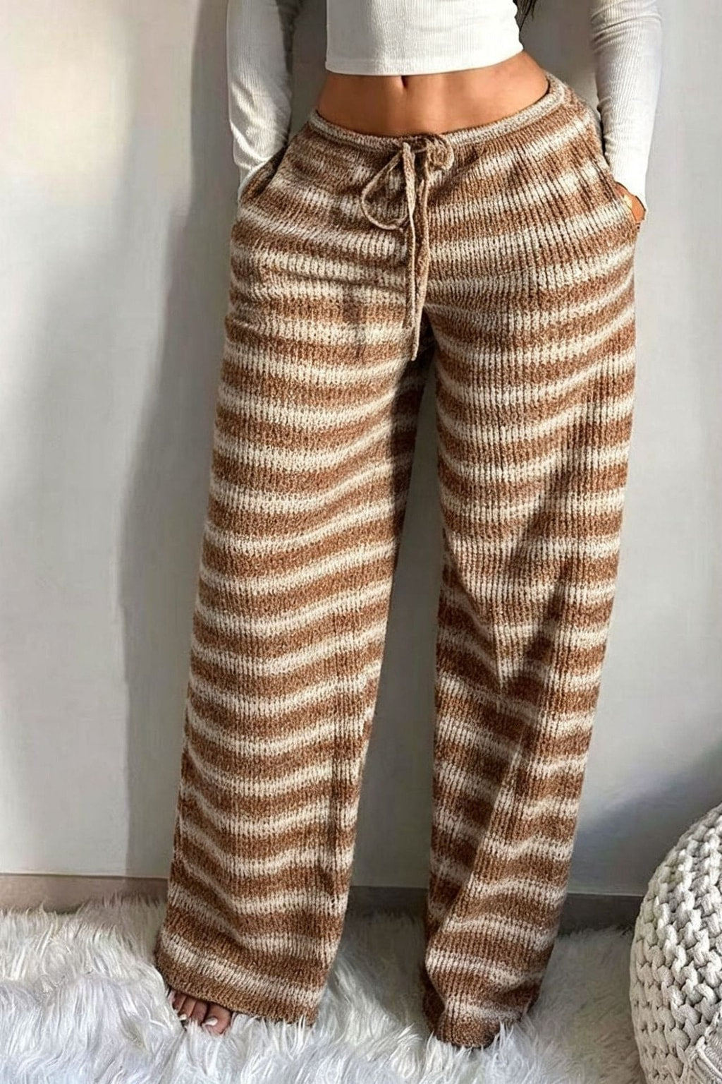 Striped Wide-Leg Pants With Drawstring Waist - 8