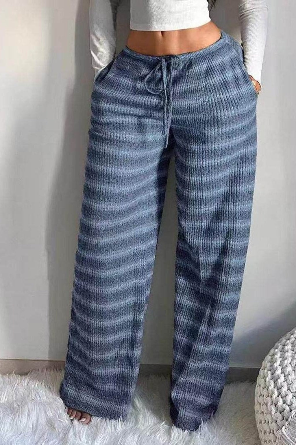 Striped Wide-Leg Pants With Drawstring Waist - 10