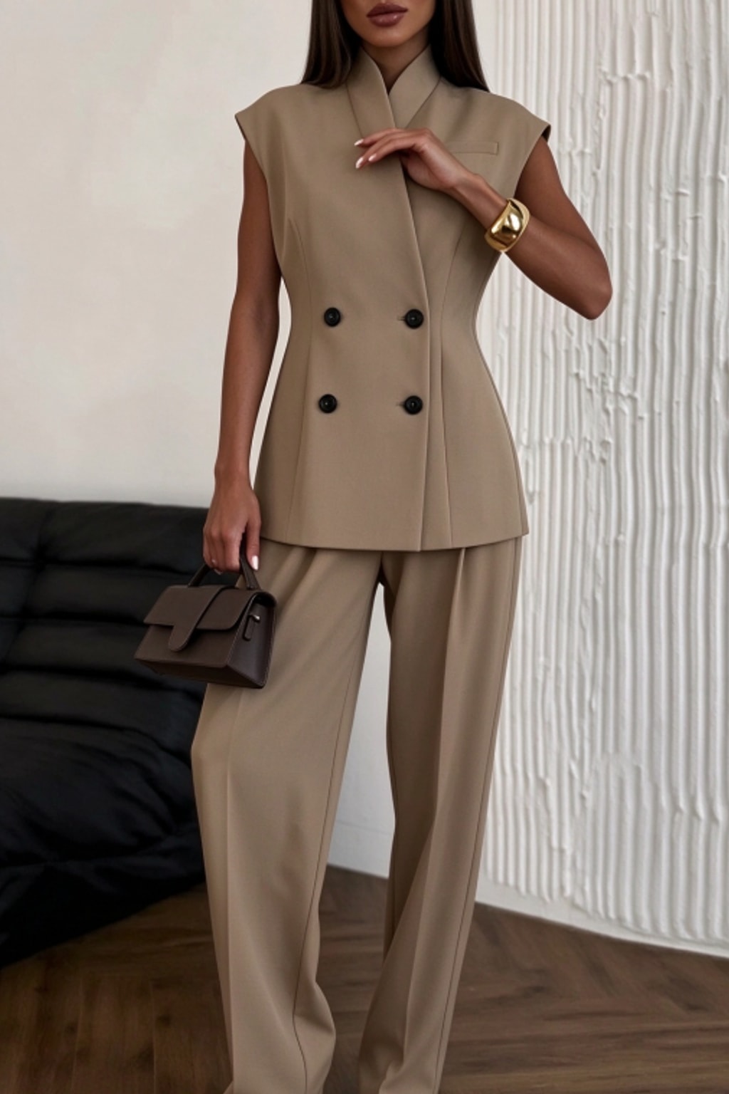 Polyester Pants Set Chic Urban Vest And Trousers - 2