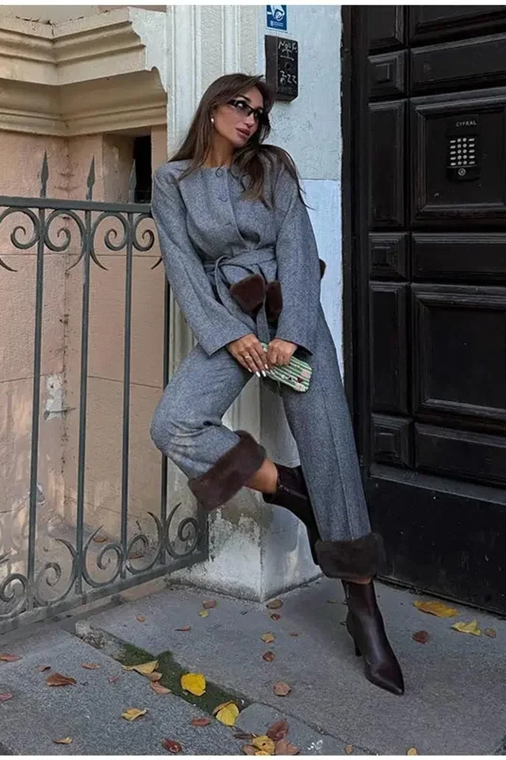 Grey belted jacket with a wide brown faux fur hem band and matching straight leg trousers