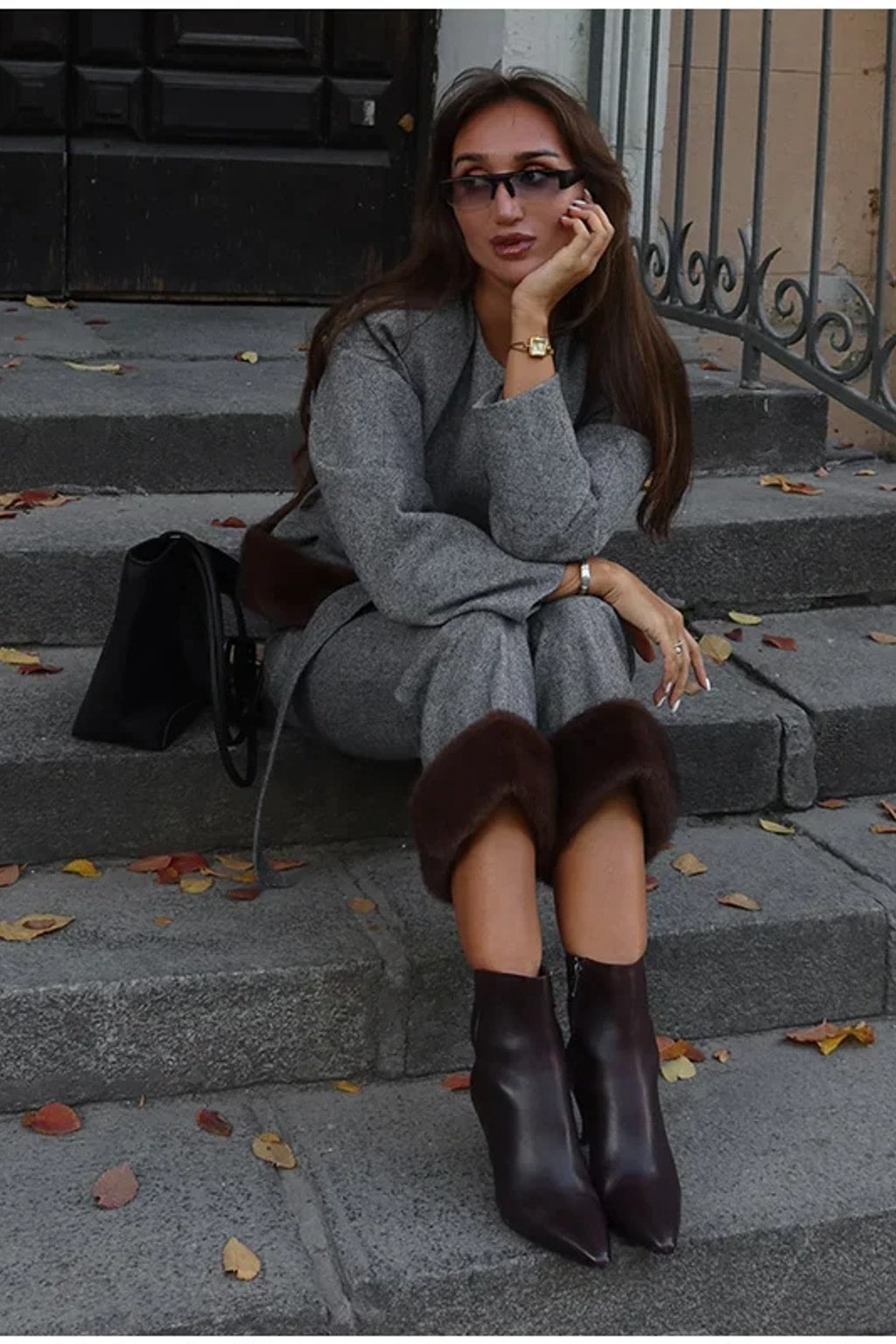 Grey belted jacket with a wide brown faux fur hem band and matching straight leg trousers