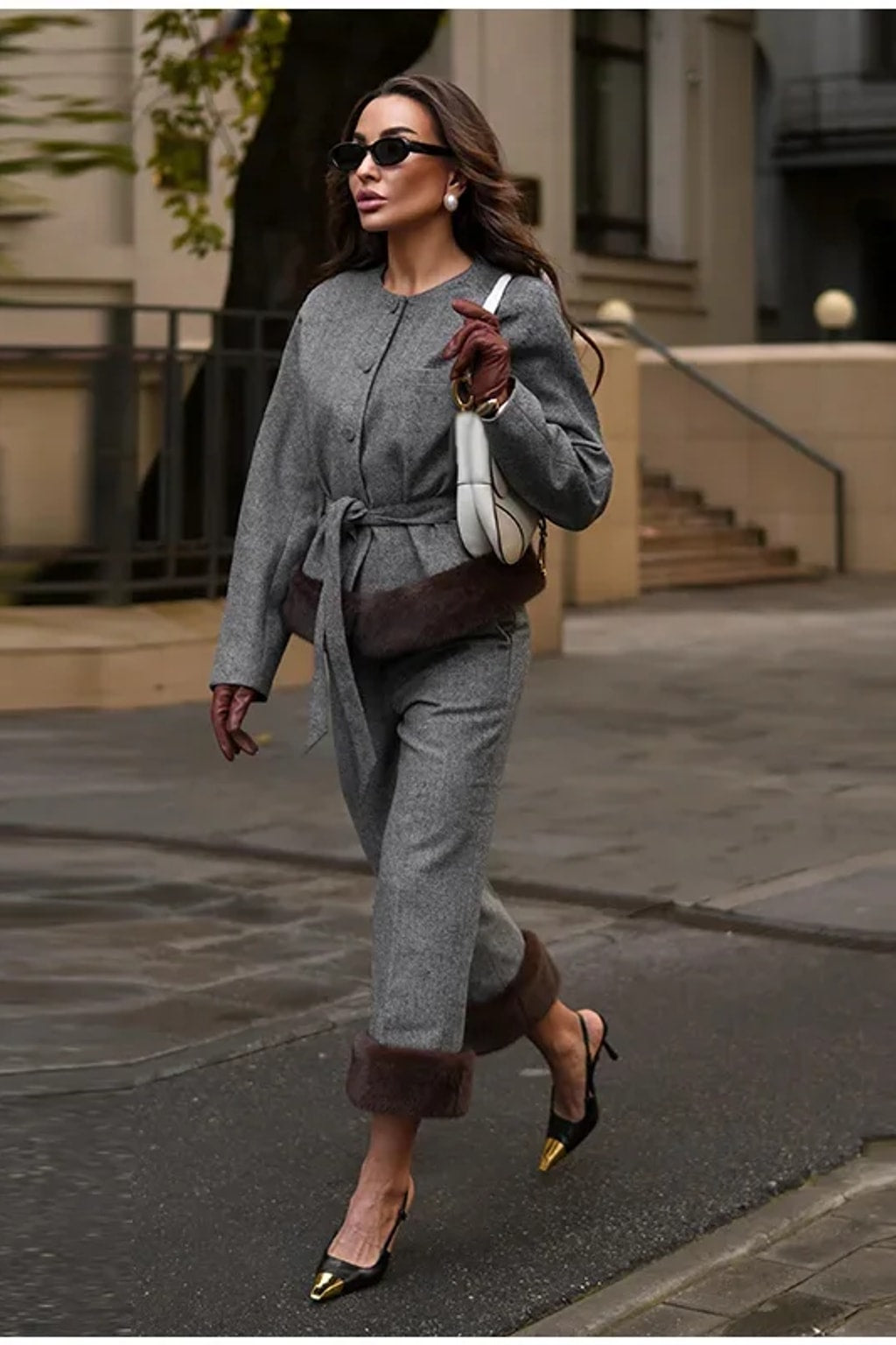 Grey belted jacket with a wide brown faux fur hem band and matching straight leg trousers