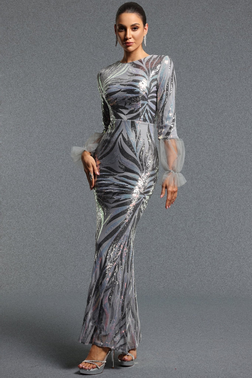 Tulle Maxi Dress Round Neck Sequin Mermaid Style - 4