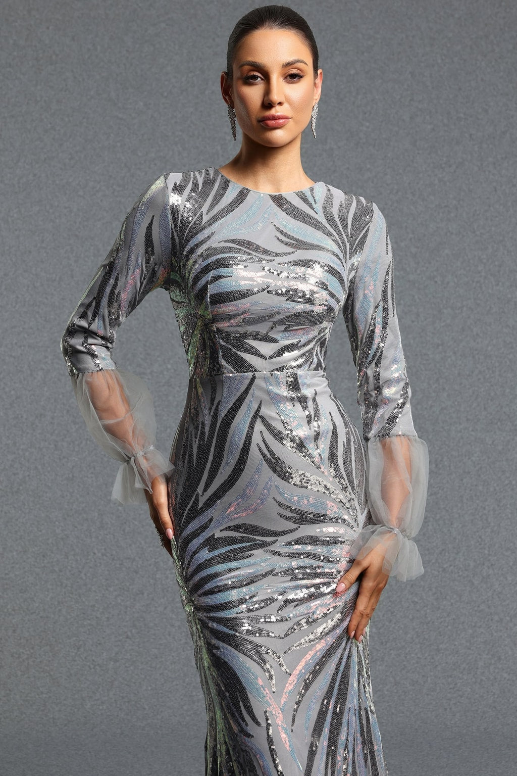 Tulle Maxi Dress Round Neck Sequin Mermaid Style - 6