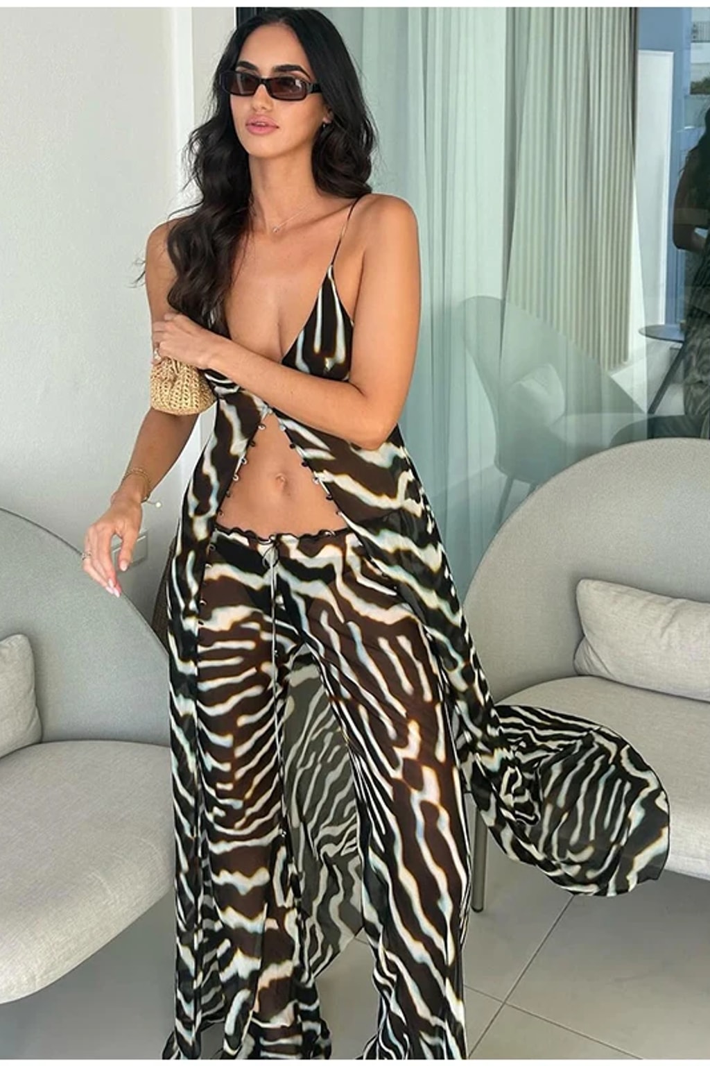 Sheer zebra print chiffon set with a maxi slip top on fine straps and wide leg trousers